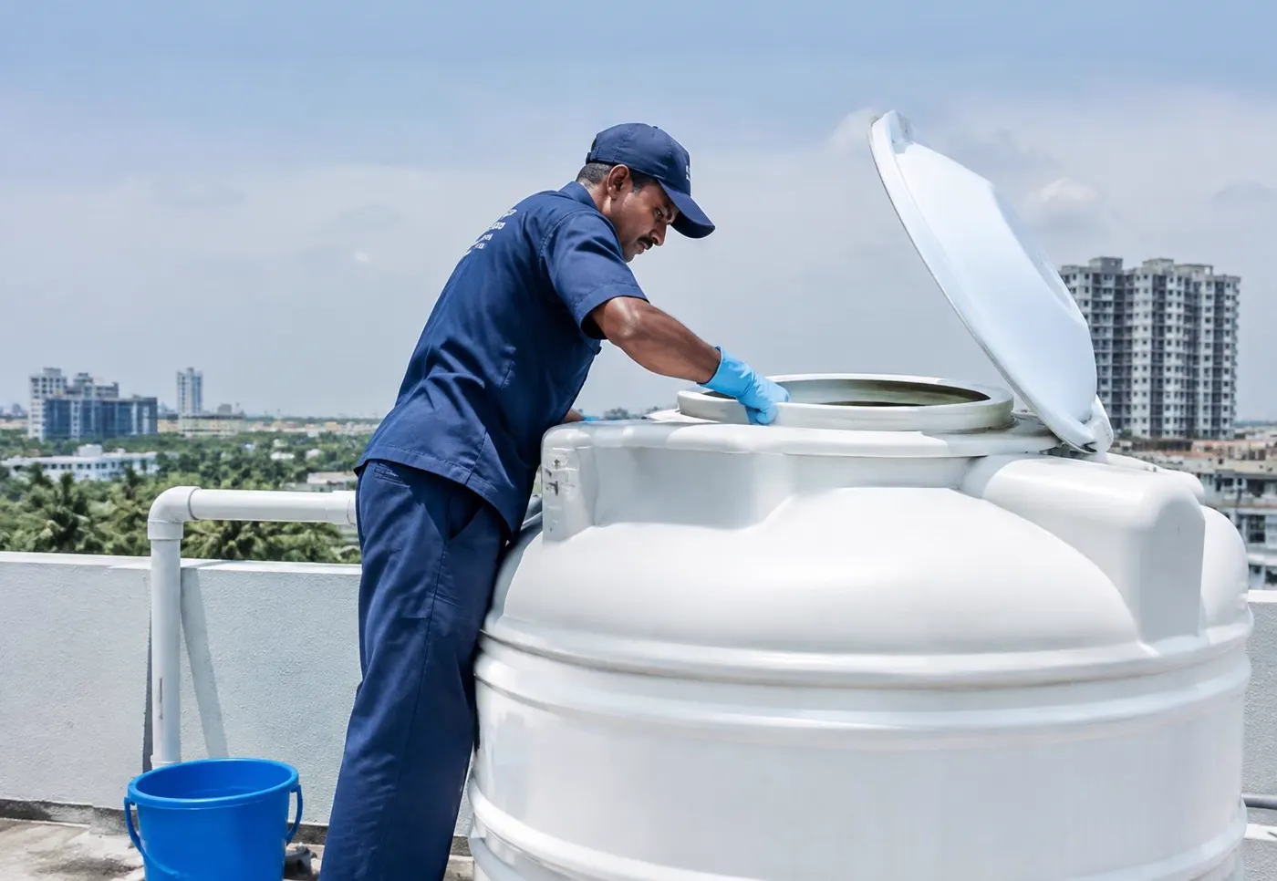 Technician in uniform opening and cleaning a white overhead water tank on a Bangalore rooftop