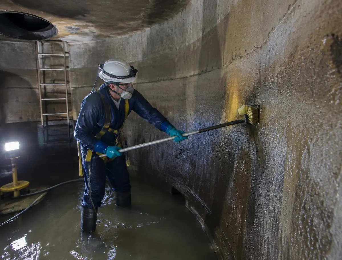Technician scrubbing the walls of an underground water sump